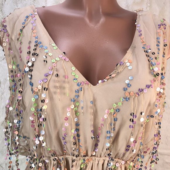 Southern Fried Chics Mini Dress Womens XL  Beige Shimmy For Me Mesh Sequins - Picture 3 of 16